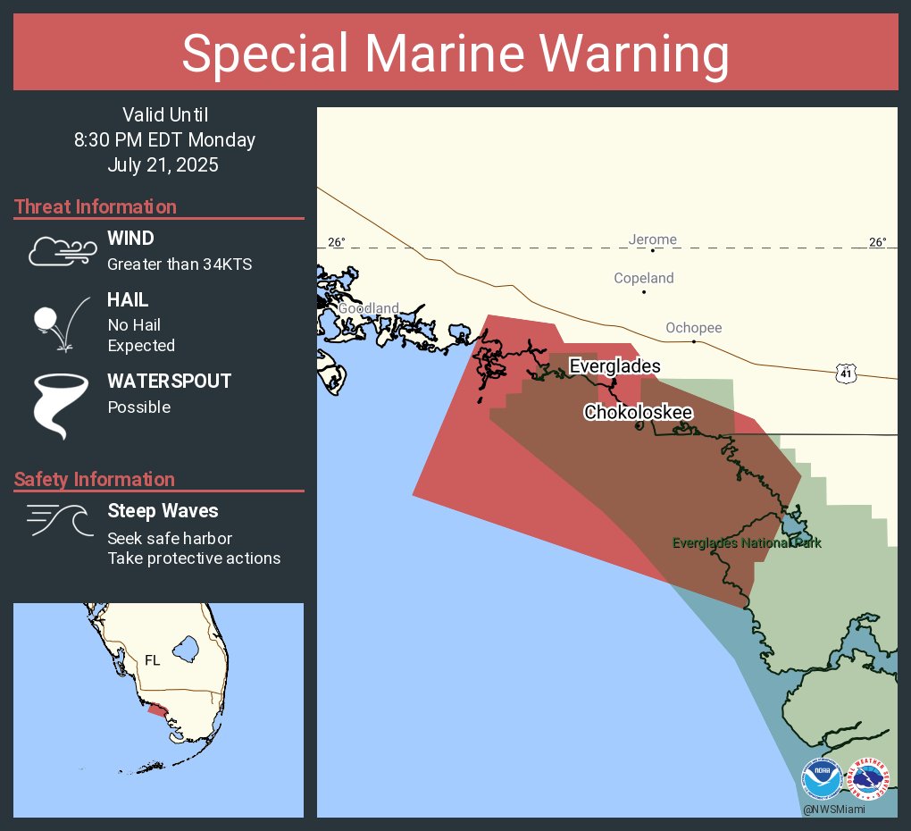NWSMiami's tweet image. Special Marine Warning including the Coastal waters from East Cape Sable to Chokoloskee FL out 20 NM and Coastal waters from Chokoloskee to Bonita Beach FL out 20 NM until 8:30 PM EDT