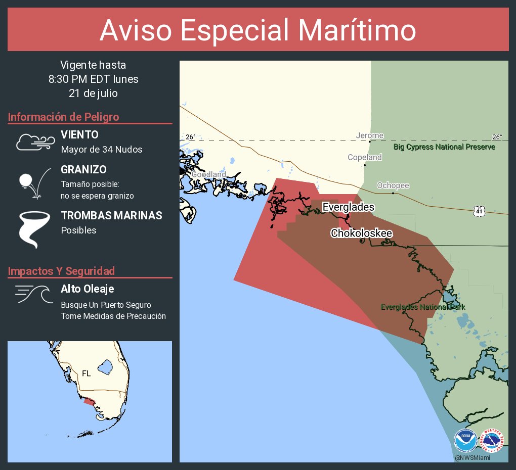 NWSMiami's tweet image. Aviso Especial Marítimo incluye Aguas costeras desde el Este Cabo Sable hasta Chokoloskee hasta 20 MN y Aguas costeras desde Chokoloskee hasta Playa Bonita hasta 20 MN hasta las 8:30 PM EDT