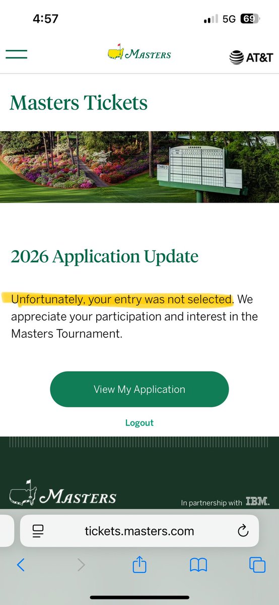 JeremiahCulwell's tweet photo. A tradition unlike any other. My 19 year streak of denied applications is still intact. (I was wrong last year. I think 2024 was 18 yrs.) @TheMasters #denied https://t.co/Lf6qOA4dUA