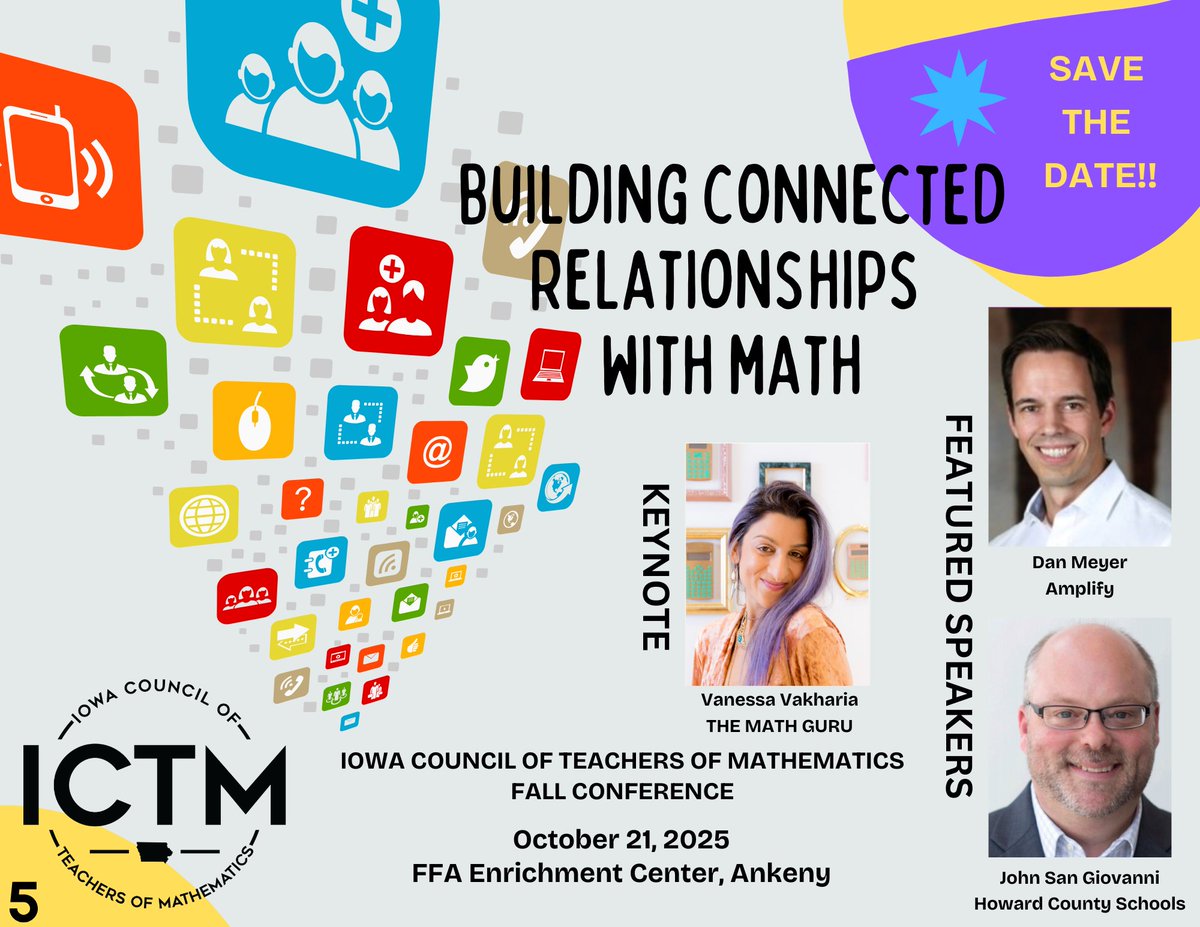 🎉 Mark your calendar! ICTM 2025 is Oct. 21 in Ankeny! Don’t miss Vanessa Vakharia, Dan Meyer &amp; John SanGiovanni as they explore Building Connected Relationships with Math.
🔗 iowamath.org
#iowamathteach #iowamath #iowamathstandards #MTBoS