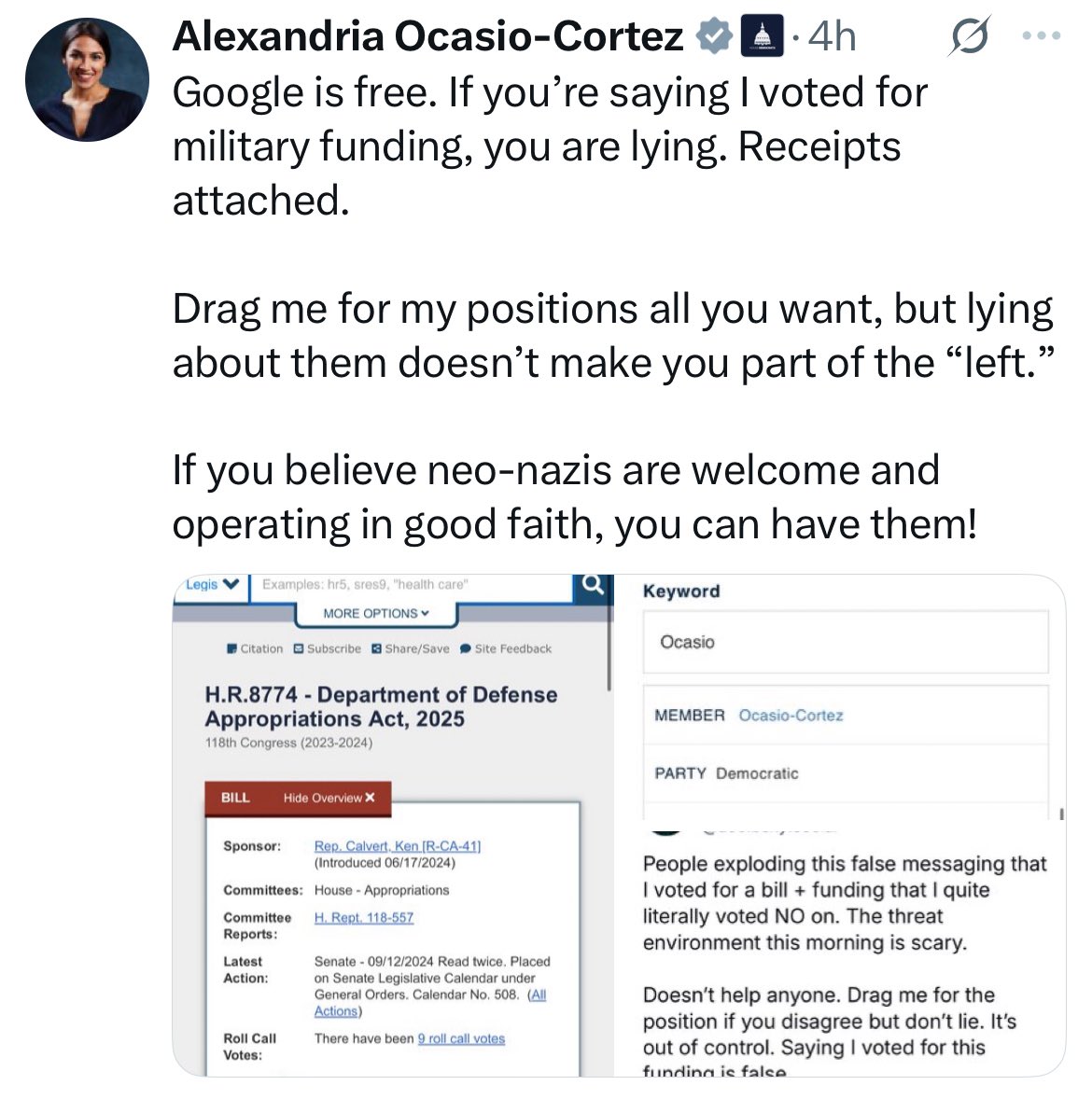 AFpost's tweet image. After voting against Rep. Marjorie Taylor Greene’s amendment to strip $500 million in funding for Israel’s missile defense program from the 2026 Defense Appropriations Bill, Rep. AOC referred to those criticizing her as “neo-Nazis.”
Follow: @AFpost