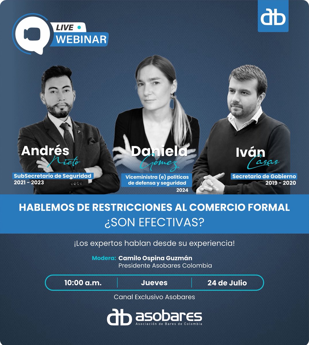 ⚠️Este jueves ⚠️ 

Con la experiencia de Secretarios de Gobierno y Seguridad anteriores, y con una experta en políticas de seguridad como Viceministra de Defensa 2024, analizaremos el impacto de medidas restrictivas como el Decreto 293 de Bogotá por el cual se redujo el horario