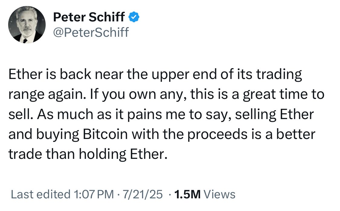 TheBTCTherapist's tweet image. Peter Schiff says to sell Eth and to buy BTC