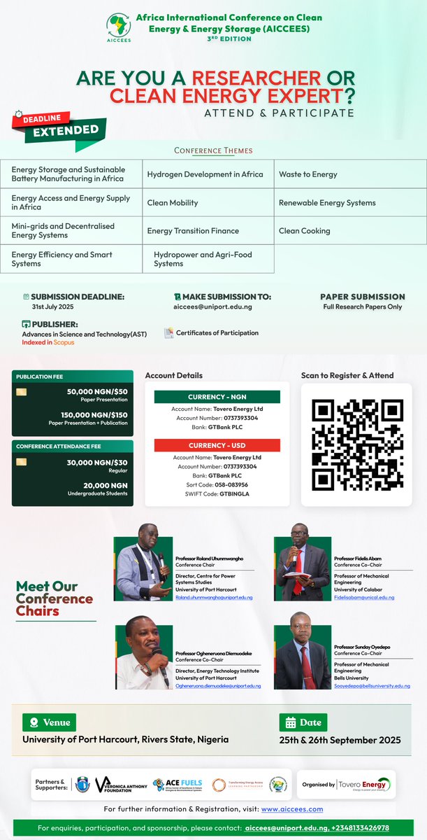 ToveroEnergy's tweet image. We are still receiving paper submissions!
Funding is available and the clock is ticking!
Submit your paper to us via: aiccees@uniport.edu.ng
Apply for funding from @TEAEnergyAccess here: bit.ly/25CFRP3
#AICCEES2025 #UKAID #ResearchandDevelopment