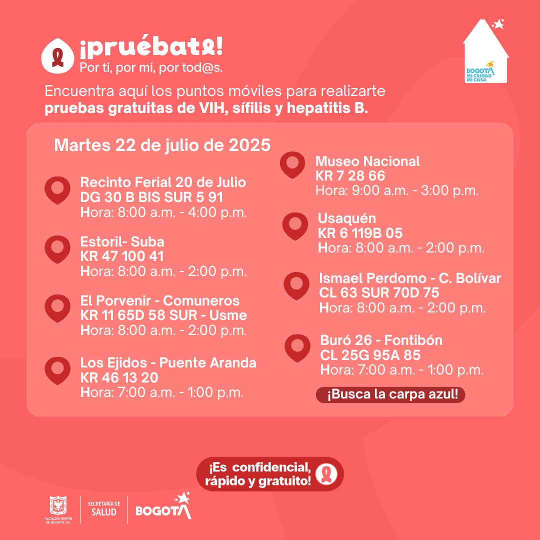 👋¡#Pruébate ante el VIH!  

Conocer tu estado serológico te permitirá tomar decisiones informadas sobre tu salud.  

¡Hazte la prueba de manera gratuita en cualquiera de nuestros puntos habilitados este martes 22 de julio!