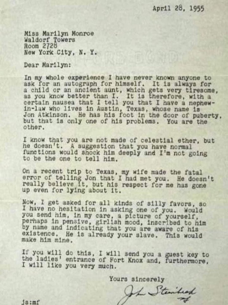 historycalendar's tweet image. Letter written by the author John Steinbeck to Marilyn Monroe, 1955.