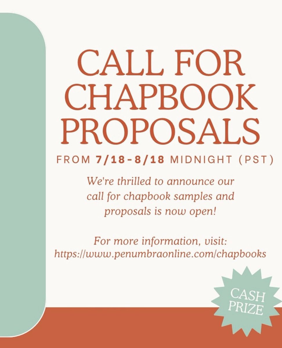 csustanpenumbra's tweet image. Big news: our call for chapbook samples and proposals are now open until August 18th! We are also pleased to announced that our selected chapbooks will be awarded a cash prize. For more details please check out our website: penumbraonline.com/submissions.
We're excited to see your work!