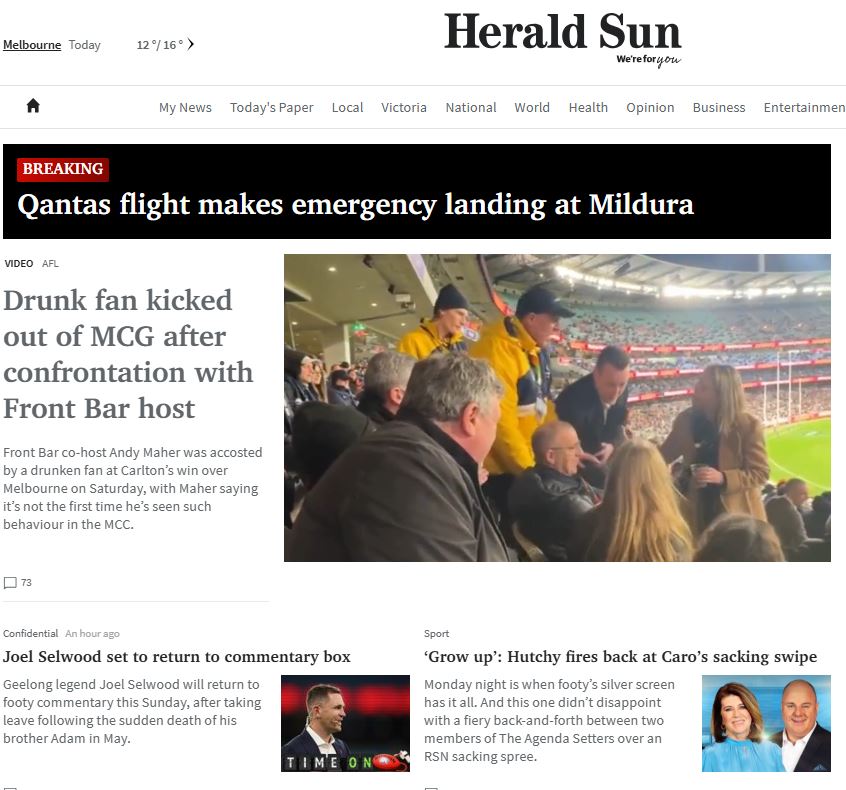 Here's the top three stories currently running on the Herald-Sun website. Might as well just call it TV Week? Still, makes a change from punching down on minorities, I guess.🤪🙄