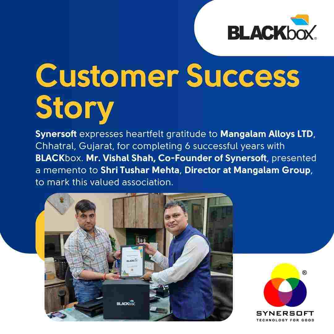 SynersoftTech's tweet photo. 🎉 Celebrating 6 Years of Trusted Partnership
We extend our heartfelt thanks to Mangalam Alloys Limited, Chhatral, Gujarat, for entering the 6th year of BLACKbox adoption.
🔗 Read the full story
https://t.co/Exe7RrrSaM
#BLACKbox #CustomerSuccess #MSMESuccess #DataProtection https://t.co/KAfHAbB34S