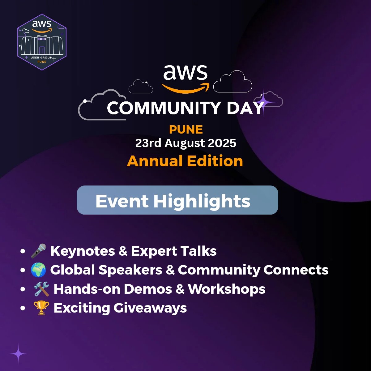 AwsPune's tweet image. All you need to know about AWS Community Day Pune 2025 Annual Edition! 

🔗konfhub.com/acdpune2025

#acdpune25 #awsugpune #awscommunityday #awscloud #techconference #pune #awscommunitybuilders #awsdevelopers #devops #cloud #techpune #sponsorship #opportunity #event #cloud