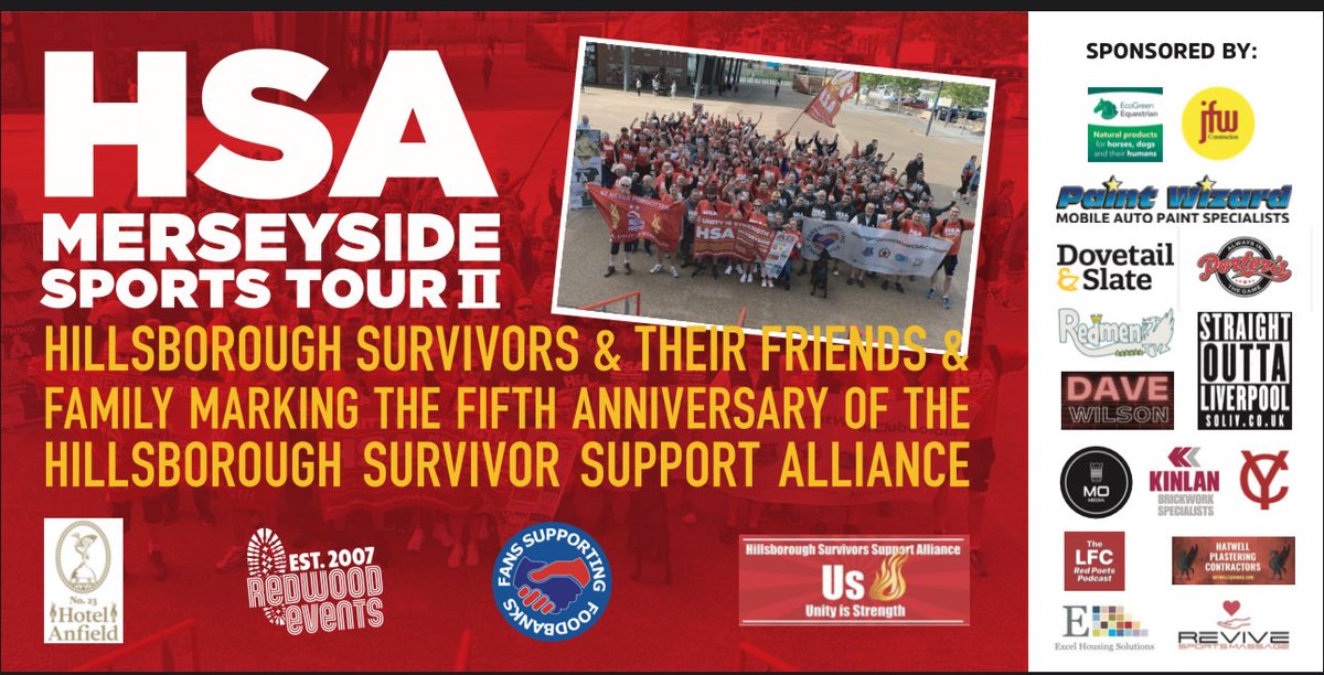 Saturday. Merseyside Sports Tour II. Raising funds for <a href="/HillsboroughSu1/">HSA-Hillsborough Survivors Support Alliance CIC</a> who do great work supporting survivors still suffering after 15/4/89. Also supporting <a href="/SFoodbanks/">FANS SUPPORTING FOODBANKS #RightToFood</a>. 

Main sponsor is <a href="/hotelanfield/">Hotel Anfield | 23 Anfield Rd</a> 

If you can donate, it’s hugely appreciated 
uk2.emma-live.com/hsa-sports-tou…

#YNWA