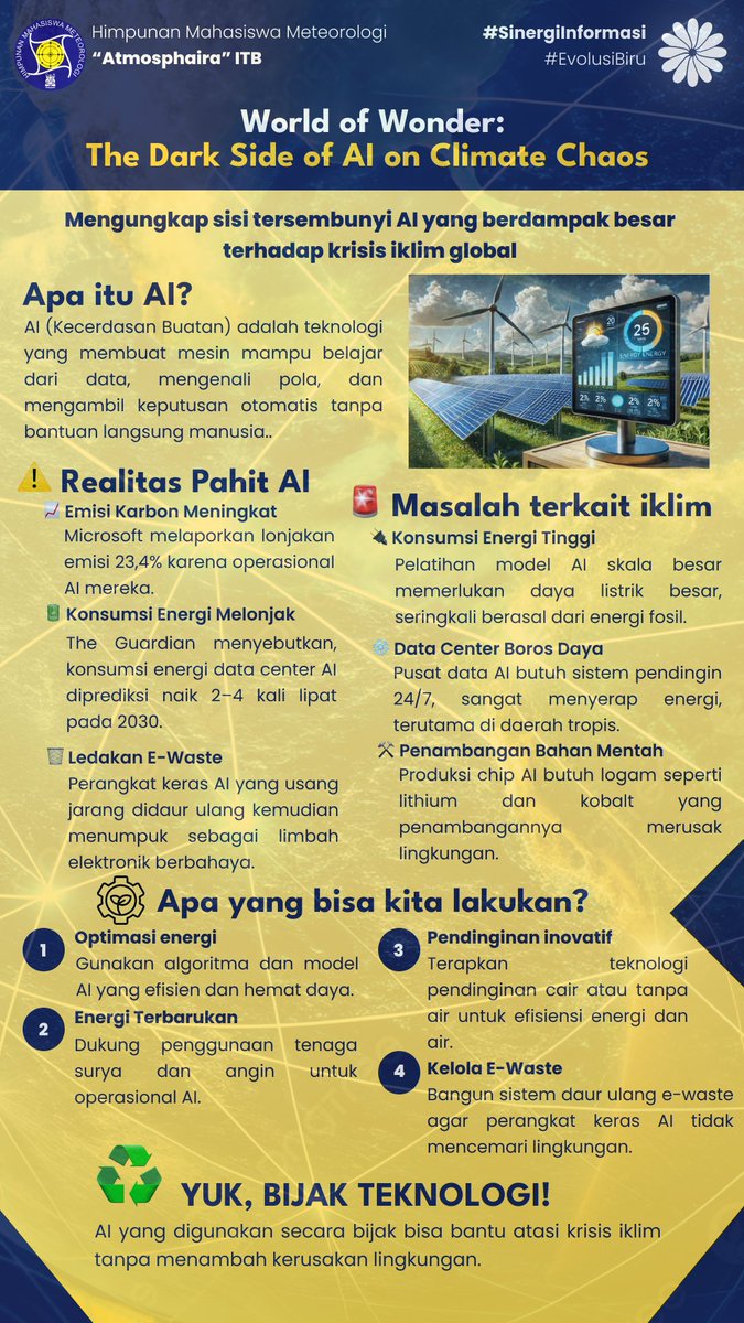 [Sinergi Informasi Part 1]
The Dark Side of AI on Climate Chaos

Kecerdasan buatan (AI) hadir membawa kemajuan, namun juga menyimpan dampak terhadap krisis iklim global.
Mulai dari emisi karbon, konsumsi energi tinggi, hingga e-waste yang menumpuk, AI bisa jadi ancaman lingkungan