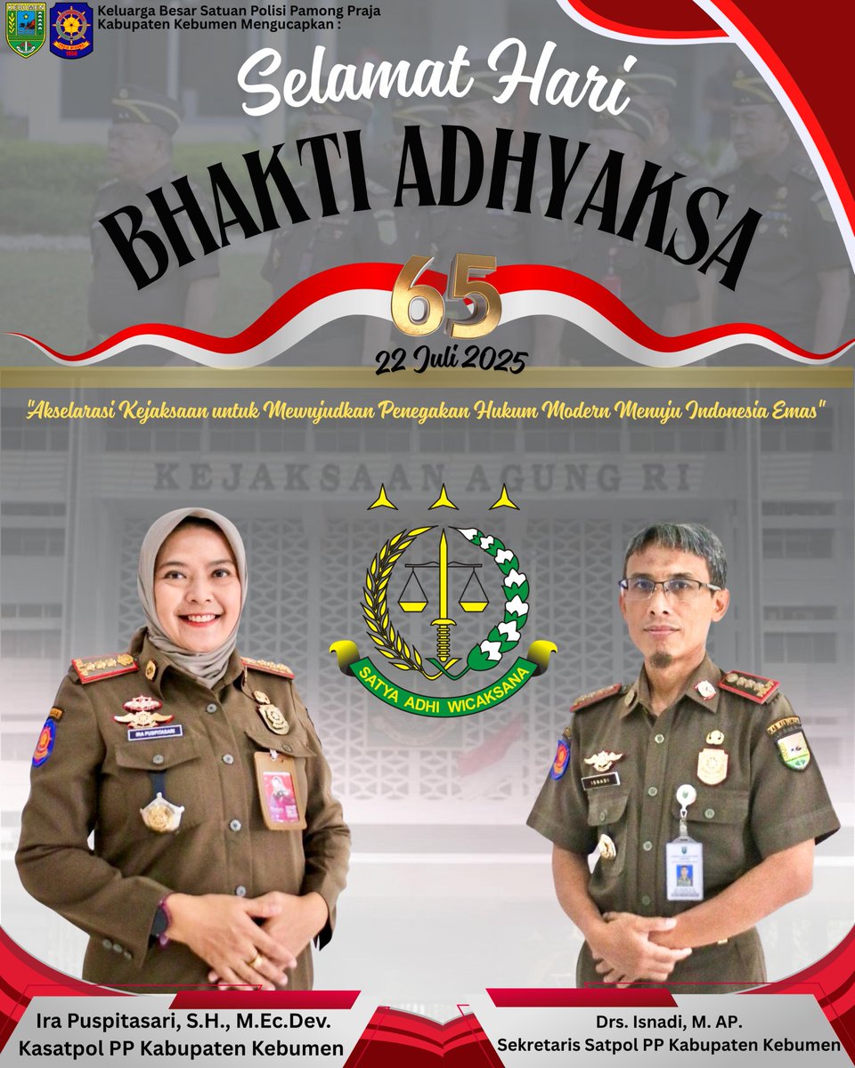Satuan Polisi Pamong Praja Kabupaten Kebumen Mengucapkan Selamat Hati Bhakti Adhyaksa ke 65.