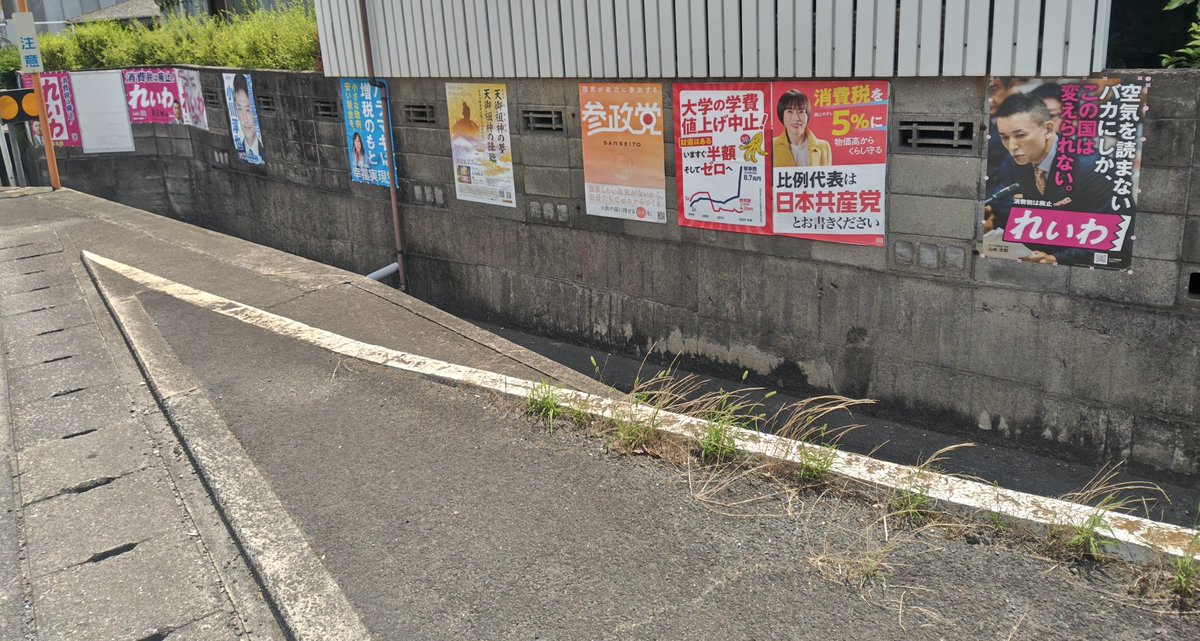 NWt01NX2bcLWmhh's tweet image. 本日も比例はれいわ貼り替え行脚。昨日のハードスケジュールでダラダラです。天野峠看板貼り替えと雑草退治で既にヤバイ。お次は連続バカポスに貼り替えでちゃっかり1枚追加キープ。半時間移動の事件ポスは貼り替えたばかりやったのでワッポン貼りの剥がし作業のみ共同ポスは無事復活。