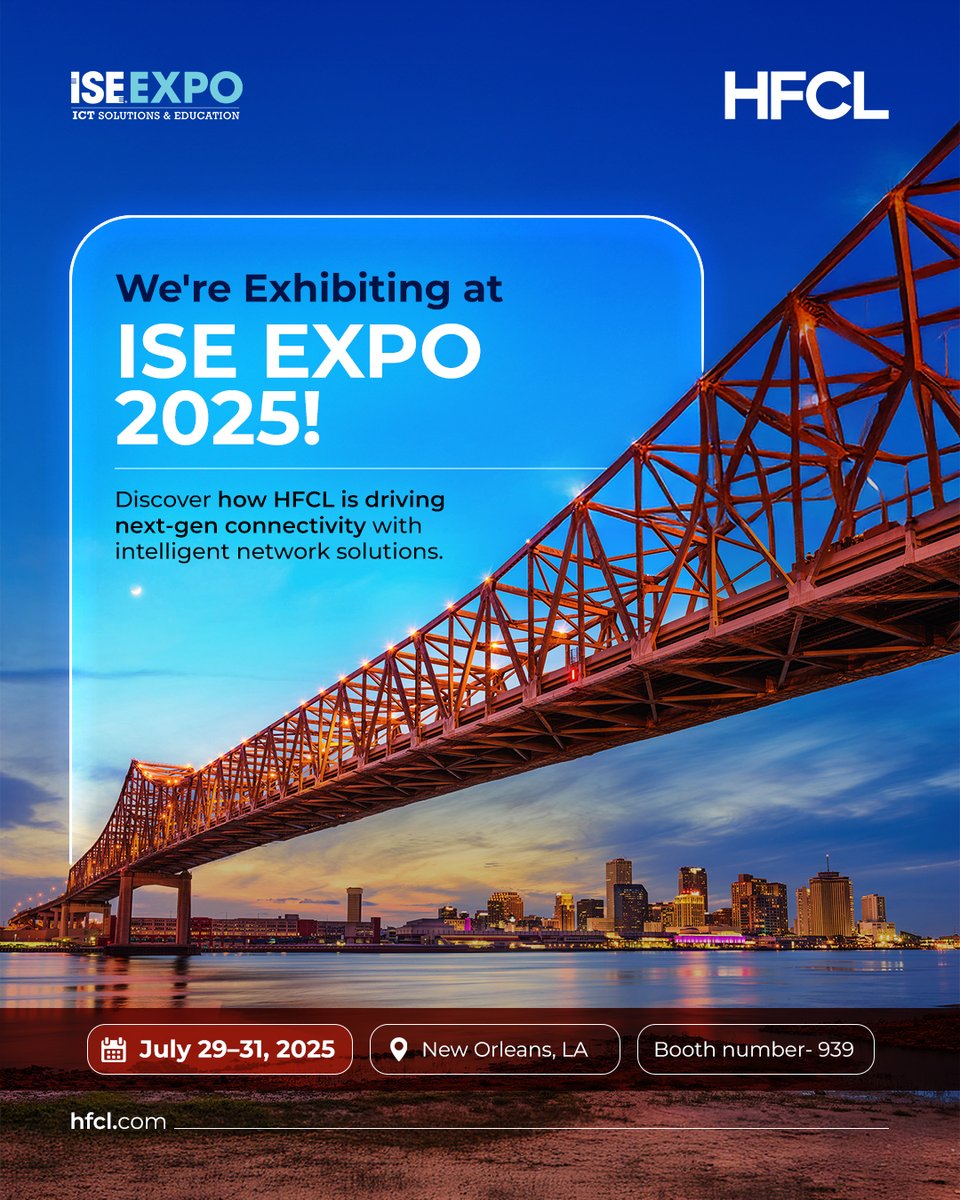 The future of networks starts here!

We’re thrilled to announce our participation at ISE EXPO 2025. The leading event for ICT professionals.

📍 New Orleans, LA
📅 July 29–31, 2025

At HFCL, we’re pioneering next-gen connectivity with smart, secure, and scalable network