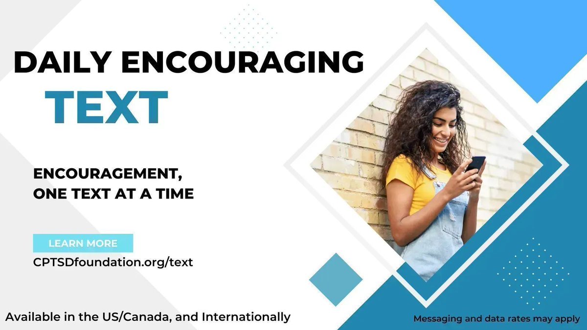 cptsdfoundation's tweet image. One text per day to help encourage you on your healing journey!
Register to get started with Daily Encouraging Text.
Learn more at buff.ly/4c1E54w
#CPTSDRecovery #healingquotes #encouragingquote #traumasurvivor
#cptsdquotes #cptsdsurvivor #healingcptsd #cptsdawareness
