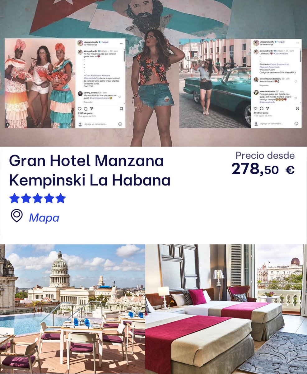 🧨 EXCLUSIVA: Tras una investigación por los mejores hoteles de La Habana (en 2018) pude constatar que Alejandra Rojo de la Vega se hospedó en el hotel de propiedad ESTATAL-SOCIALISTA Gran Manzana Kempinski: uno de los más caros de Cuba y propiedad del grupo estatal Gaviota 🧵👇