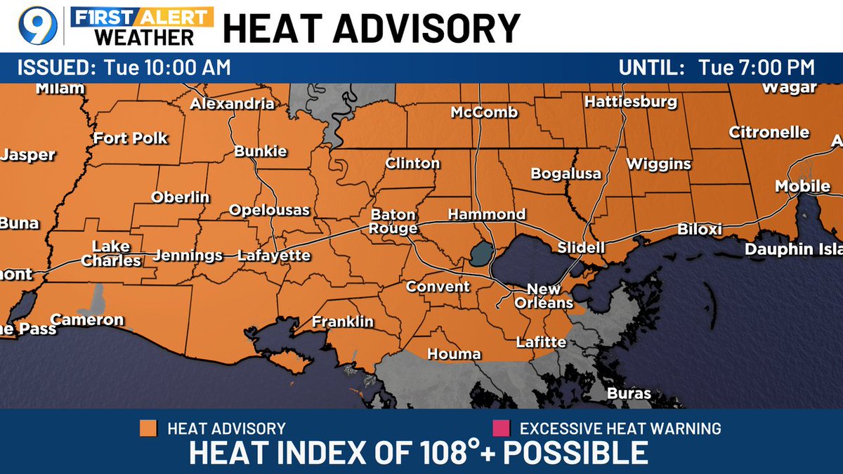SteveWAFB's tweet image. A Heat Advisory has been posted for the areas in orange. Heat index values could reach/exceed 108 degrees. More >> wafb.com/weather?utm_me… #LAwx