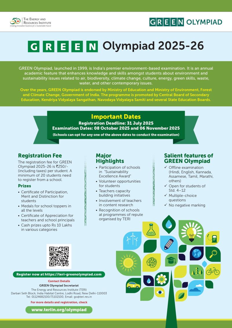teriin's tweet image. Become an environmental champion with the GREEN Olympiad!
Since 1999, the GREEN Olympiad has been India's premier environment-focused examination, equipping students with essential knowledge and skills in key areas such as air, biodiversity, climate change, energy, waste, water,…