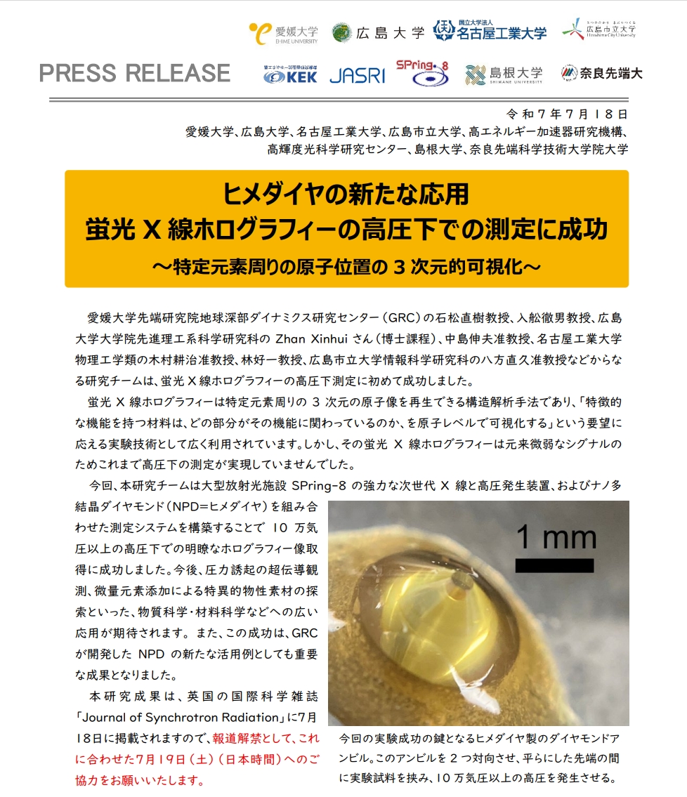 【プレスリリース】
ヒメダイヤの新たな応用　
蛍光X線ホログラフィーの高圧下での測定に成功
～特定元素周りの原子位置の3次元的可視化～
naist.jp/pressrelease/2…
＃NAIST #大学院 #プレスリリース