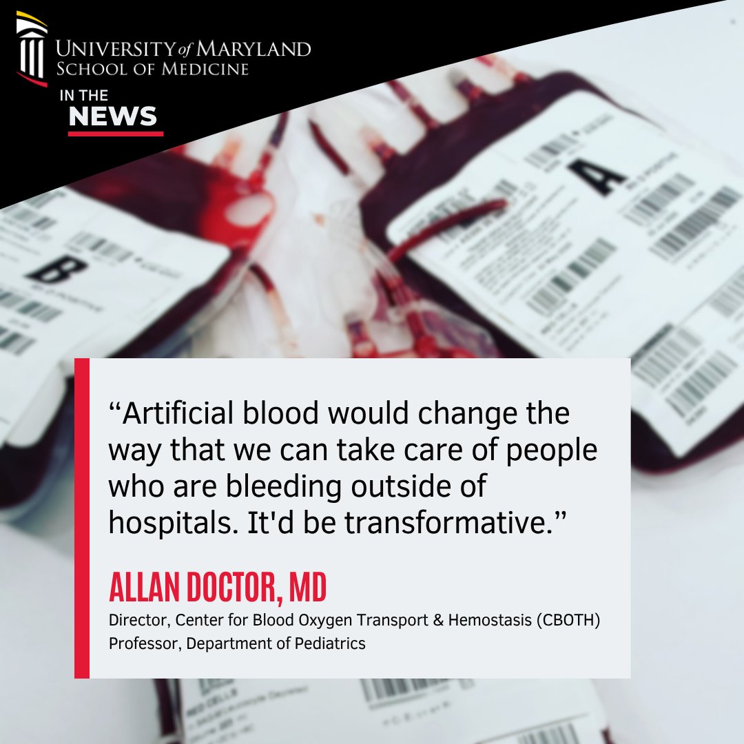 UMmedschool's tweet image. 🩸 “Artificial blood” has long been a dream. Dr. Allan Doctor is making it real.
Hear his story on @NPR's All Things Considered and learn how this breakthrough could save lives in trauma zones and beyond.
🎧n.pr/4eYasDg
#ArtificialBlood #Innovation #NPR #News