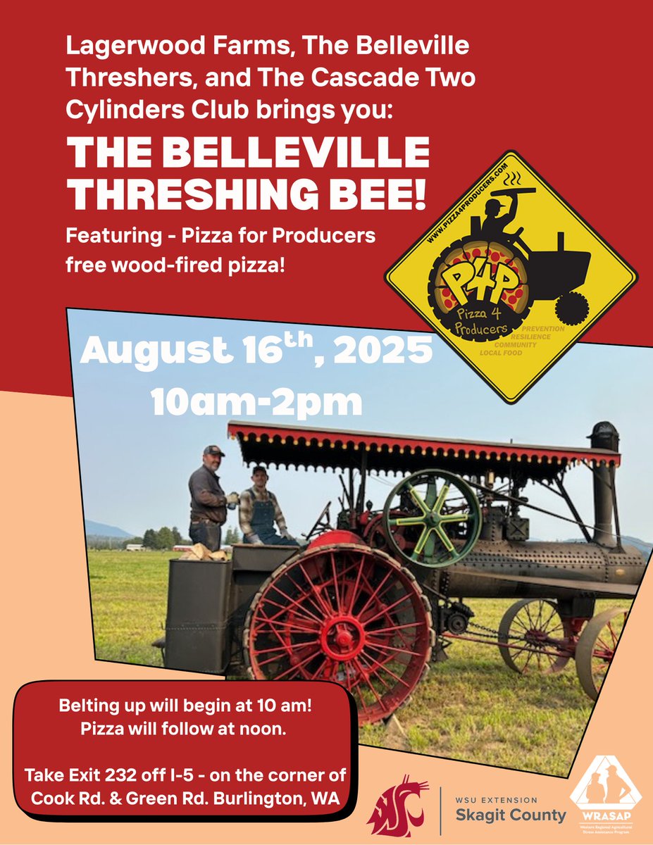 Western Regional Ag. Stress Assistance Partnership (@wrasap) on Twitter photo 🍕 We’re excited to invite you to the 2nd Annual Pizza 4 Producers in Burlington, WA on August 16! Enjoy wood-fired pizza, community connections, and a vintage steam threshing tractor demo! It’s going to be a fun & delicious day!
RSVP today email: madelyne.vanderkooy@wsu.edu 🍕 We’re excited to invite you to the 2nd Annual Pizza 4 Producers in Burlington, WA on August 16! Enjoy wood-fired pizza, community connections, and a vintage steam threshing tractor demo! It’s going to be a fun & delicious day!
RSVP today email: madelyne.vanderkooy@wsu.edu