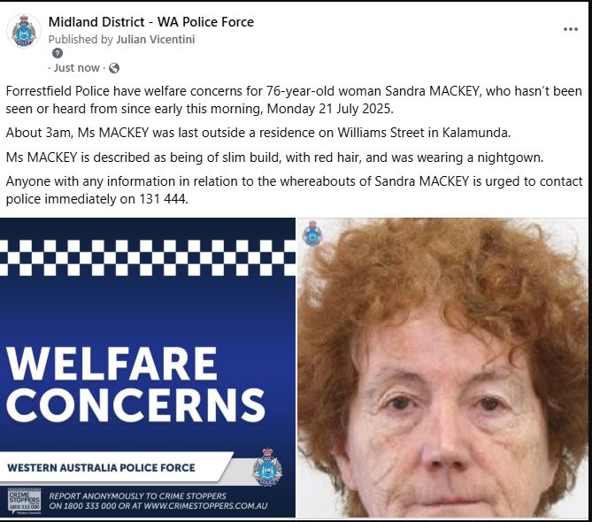 ✅ LOCATED  

Thank you to everyone who helped search for Sandra. 

Forrestfield Police found her safe &amp; well after an extensive search 

🙏👮‍♀️🧡 #Community #WAPolice #Kalamunda #lesmurdie #forrestfield