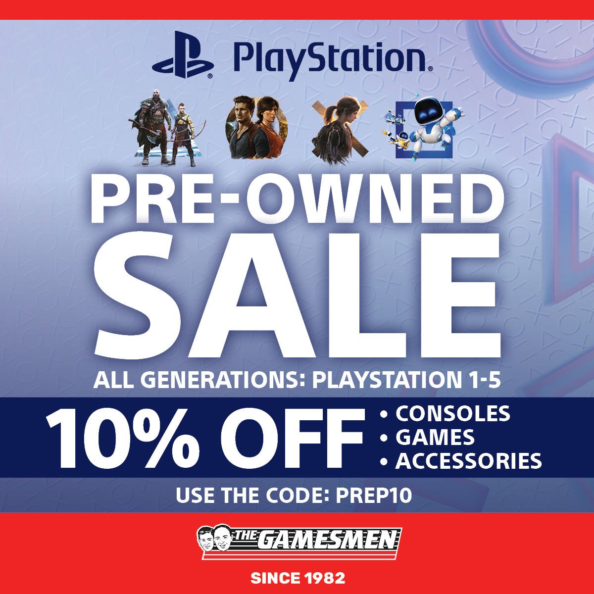 🚨 Ready for a retro revival? 🎮

Score 10% off all pre-owned PlayStation consoles, accessories, and games. Just use the code PREP10 at checkout!

Hurry, this offer ends 03/08/2025 at 11:59 PM AEST. ⏳