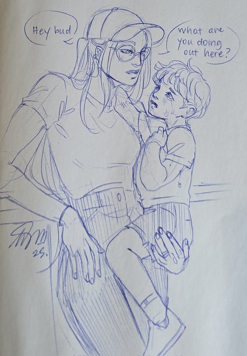 “Hey, bud,” Mira starts casually, and it’s her even tone that gets the toddler to stop wailing enough to hiccup and look at her. She bends down and scoops him up with one hand, leaning back on the ride’s barrier with the other. “What are you doing out here?”