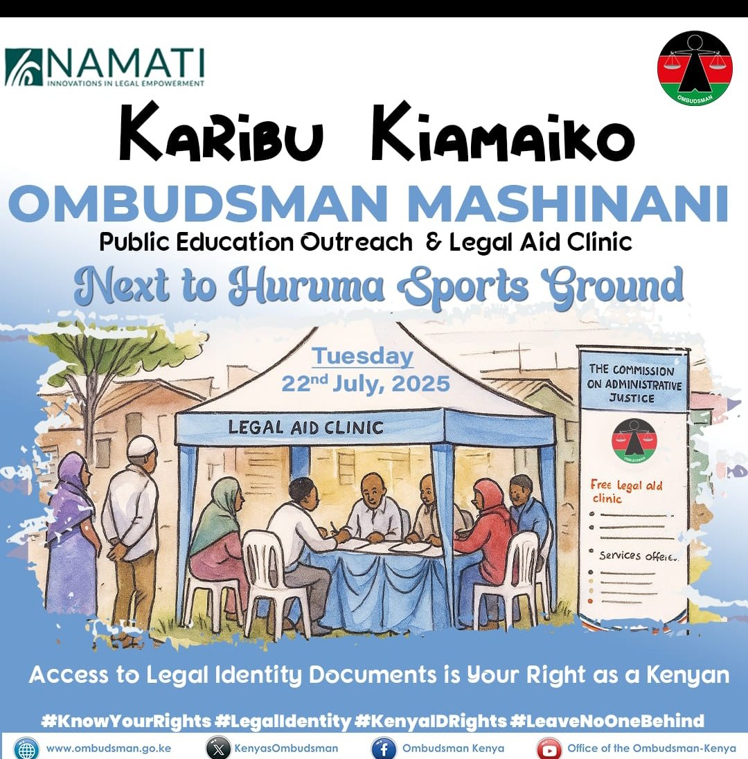 UhaiWetu's tweet image. Tired of being ignored by government offices? Help is coming.
On 22nd July 2025, the Office of the Ombudsman in collaboration with @NamatiKenya, and hosted by @KiamaikoC, will be offering free legal aid and support in tracking government claims and injustices.