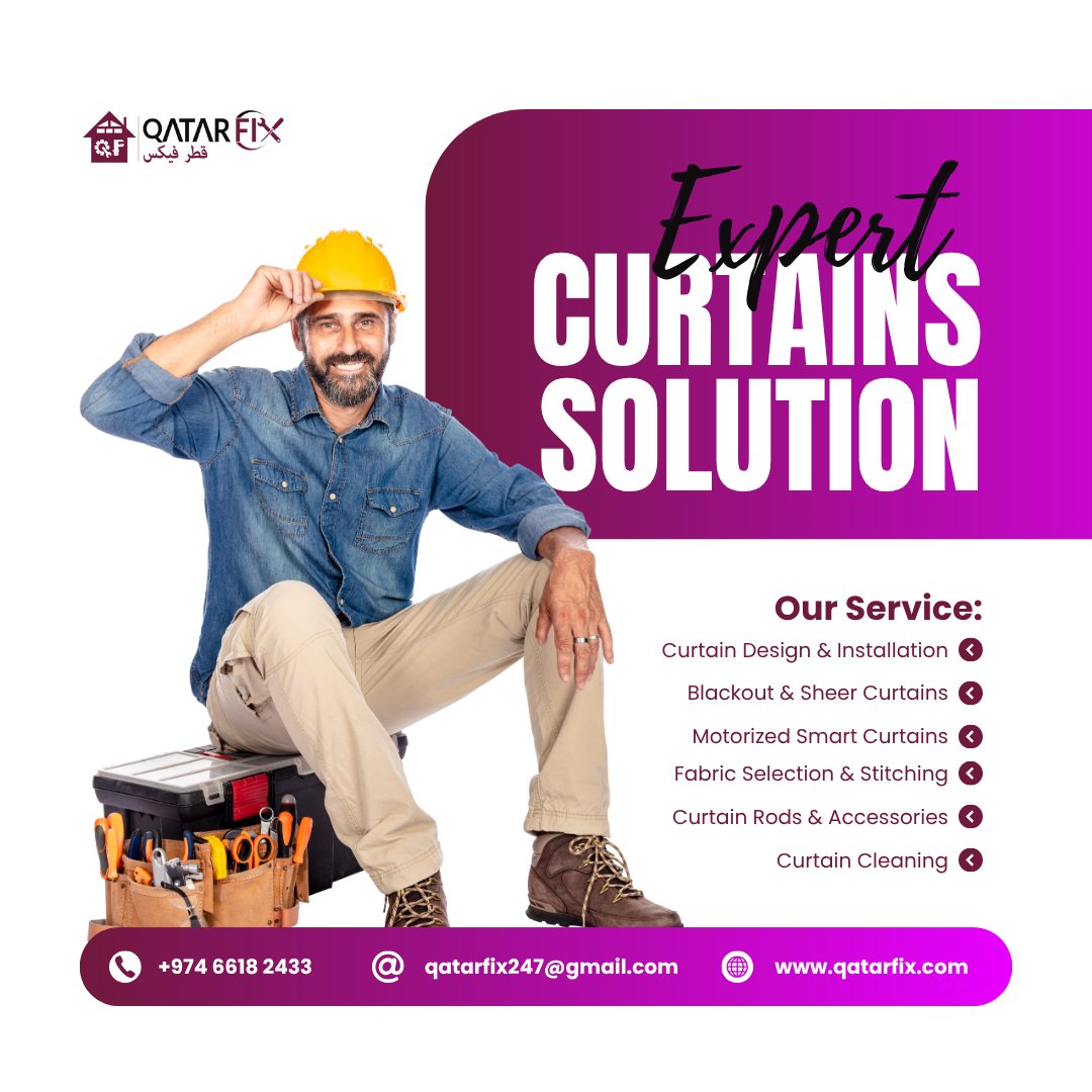 qatarfix's tweet photo. 🎯 Need new curtains or want to fix the old ones?
Qatar Fix is here with Expert Curtain Solutions! 🛠️

📞 Call us: +974 6618 2433
📩 Email: qatarfix247@gmail.com
🌐 Visit: https://t.co/5ttWYwx5kW

#CurtainsQatar #QatarFix #HomeDecorQatar #CurtainInstallation #SmartCurtains https://t.co/UO8PuhFQXX