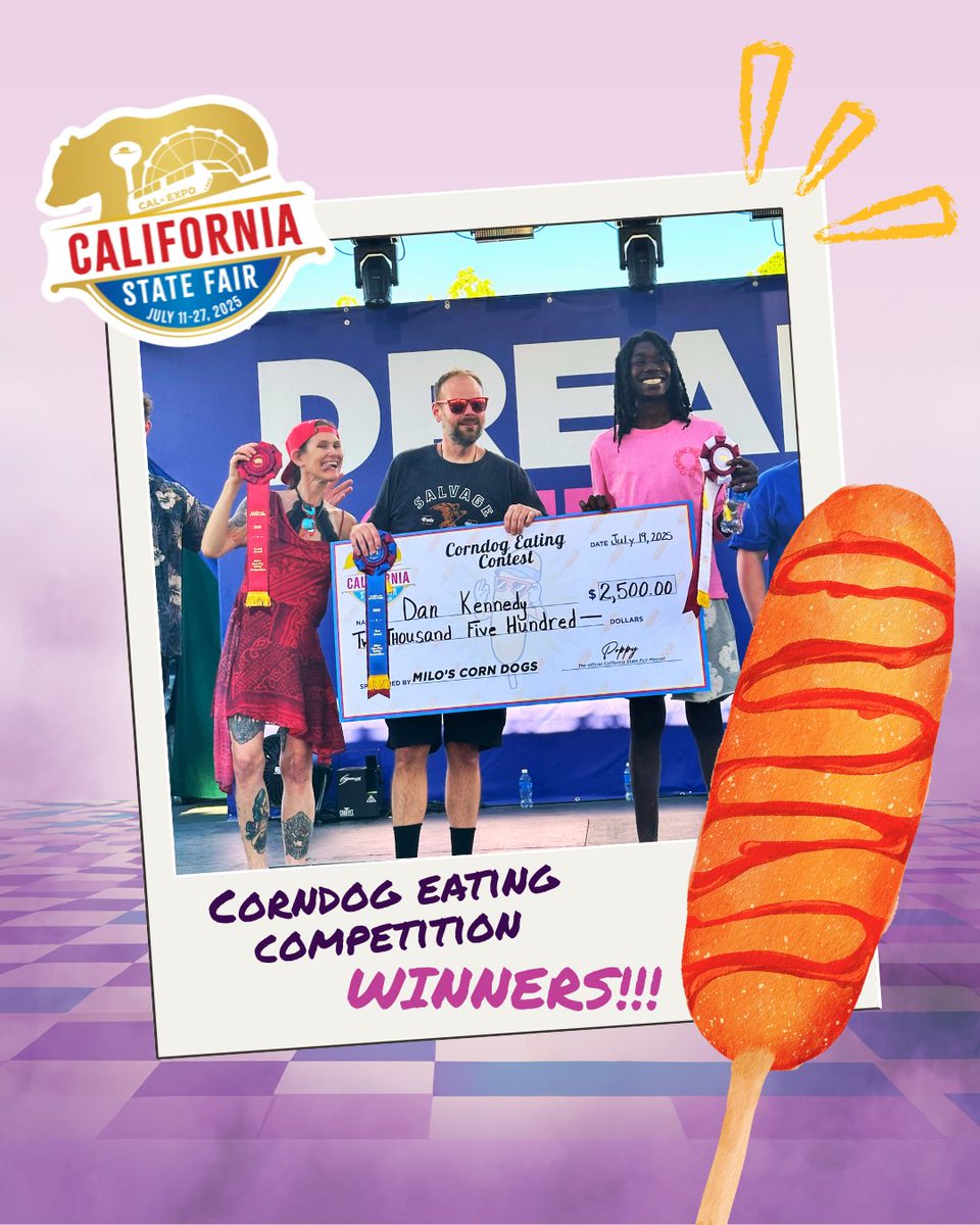 CAStateFair's tweet photo. 🌭🎉 They came. They munched. They conquered!
Congrats to Dan Kennedy our 2025 Corndog Eating Champion  and all the competitors who brought the heat (and the hunger) to this year’s contest! 🏆💰

Big thanks to Milo’s Corn Dogs for fueling the fun!
#CAStateFair  #StateFairFun https://t.co/stiDwjxGIP
