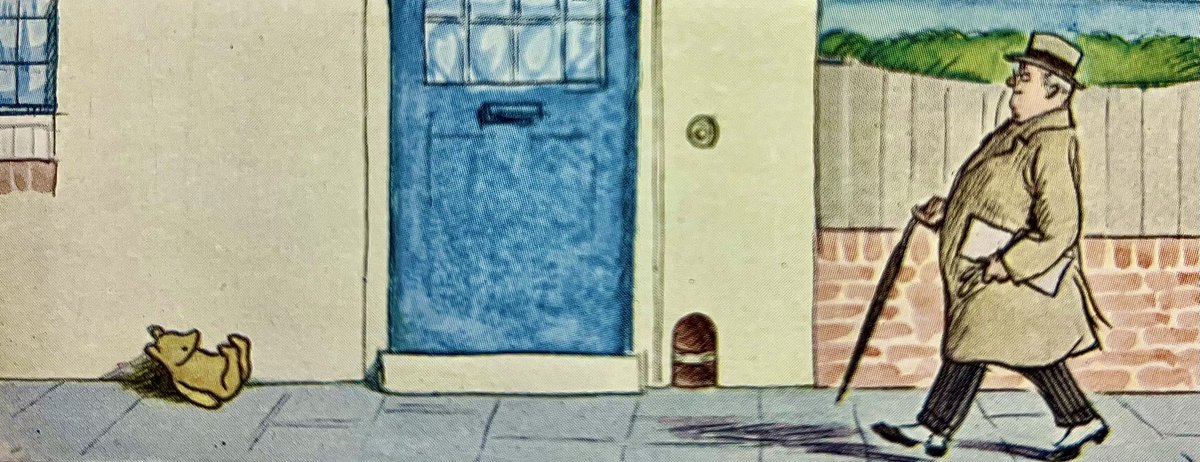 A_AMilne's tweet image. There happened to be passing by
A plump man with a twinkling eye,
Who, seeing Teddy in the street,
Raised him politely to his feet,
And murmured kindly in his ear
Soft words of comfort and of cheer:
“Well, well!” “Allow me!” “Not at all.”
“Tut-tut! A very nasty fall.”
~A.A.Milne