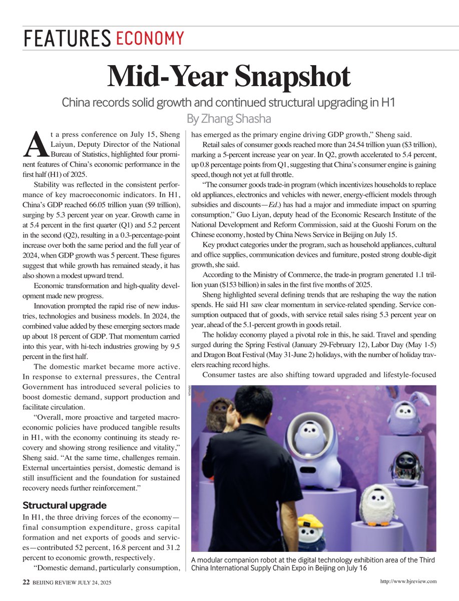 BeijingReview's tweet image. #BeijingReview #MidYear Snapshot of China’s economy--solid growth and continued #structural upgrading #H1
bjreview.com/Business/20250…
#ChinaEconNow