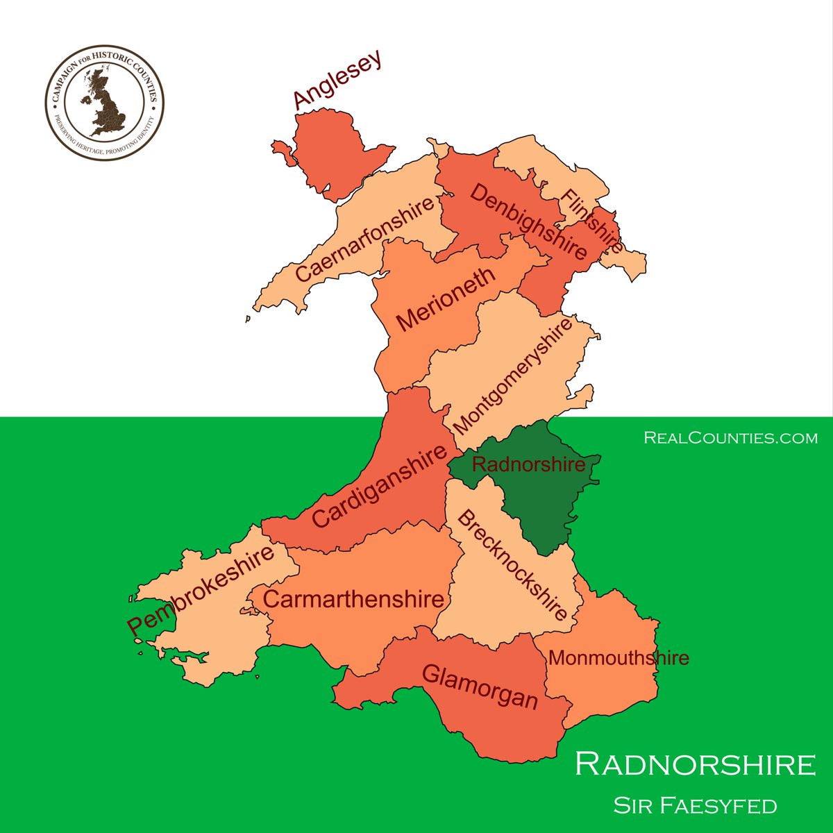 RealCounties's tweet image. The County of Radnor (Sir Faesyfed) is a Welsh inland shire.
The geographic territory of Radnorshire roughly corresponds with the Welsh territory of Rhwng Gwy a Hafren.
This fell under the control of Marcher Lords in the 11th Century.