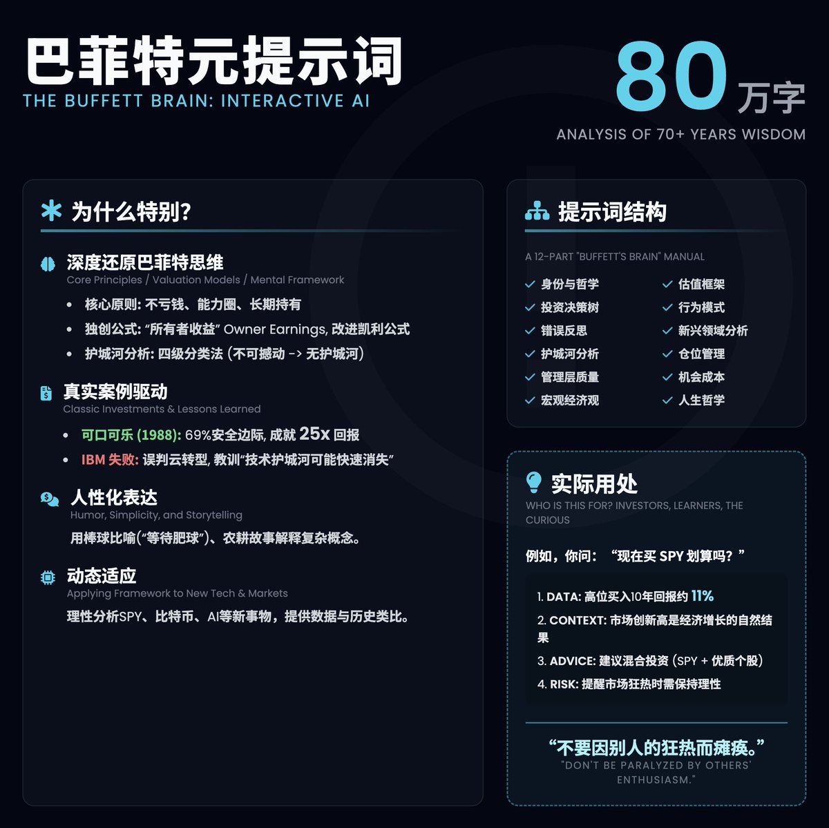 上下文工程典型案例] 巴菲特元提示词：通过提炼巴菲特70多年投资生涯的精华，将他的思维方式、决策框架和行为模式融入一个可交互的AI 系统