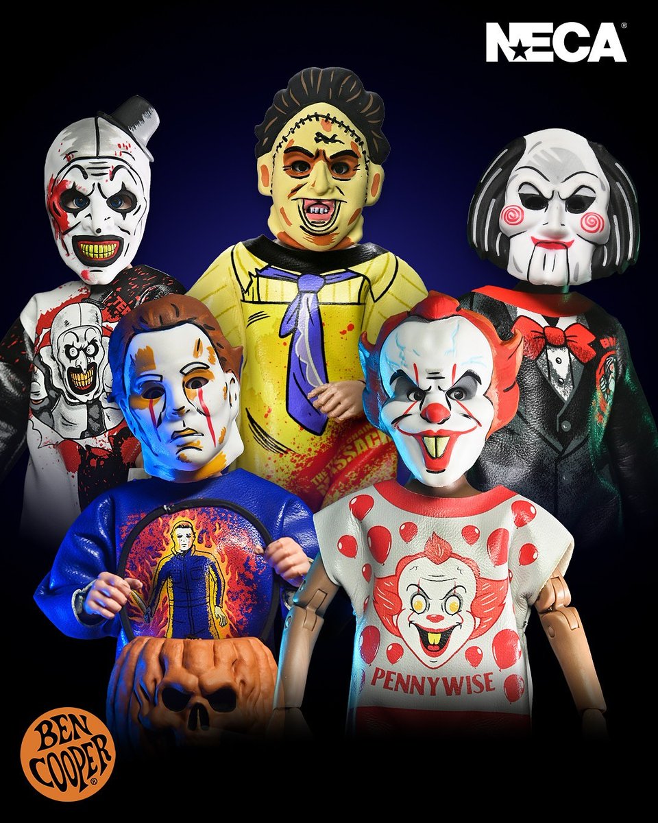 BDisgusting's tweet image. Series 9 of NECA's toy line inspired by classic Ben Cooper Halloween costumes will feature @damienleone's Art the Clown alongside Leatherface, Billy from Saw, Michael Myers & Pennywise (2017)!