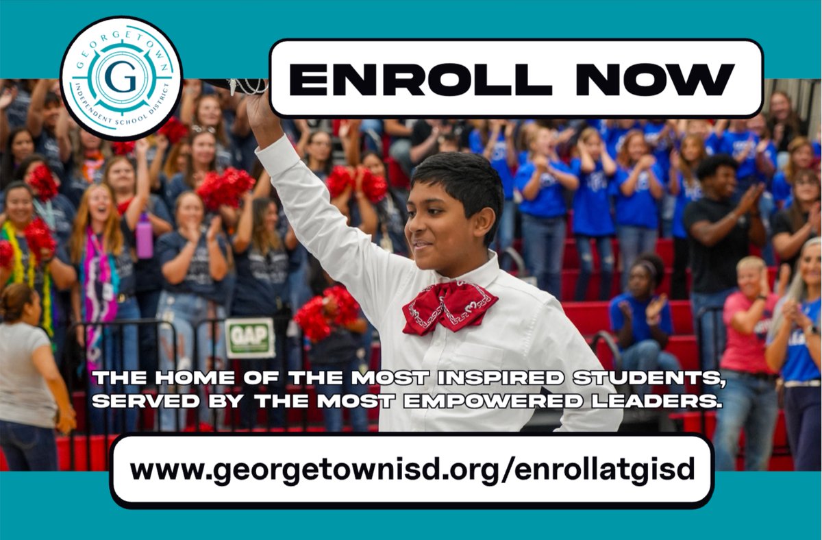 GeorgetownISD's tweet image. Enrollment is open for new AND returning students in Georgetown ISD.
Visit our website to start the process today: georgetownisd.org/enrollatgisd