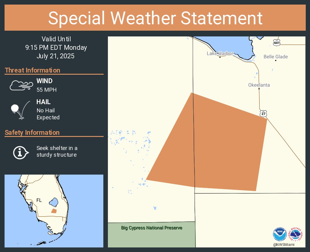 NWSMiami's tweet image. A special weather statement has been issued for Palm Beach County, FL until 9:15 PM EDT