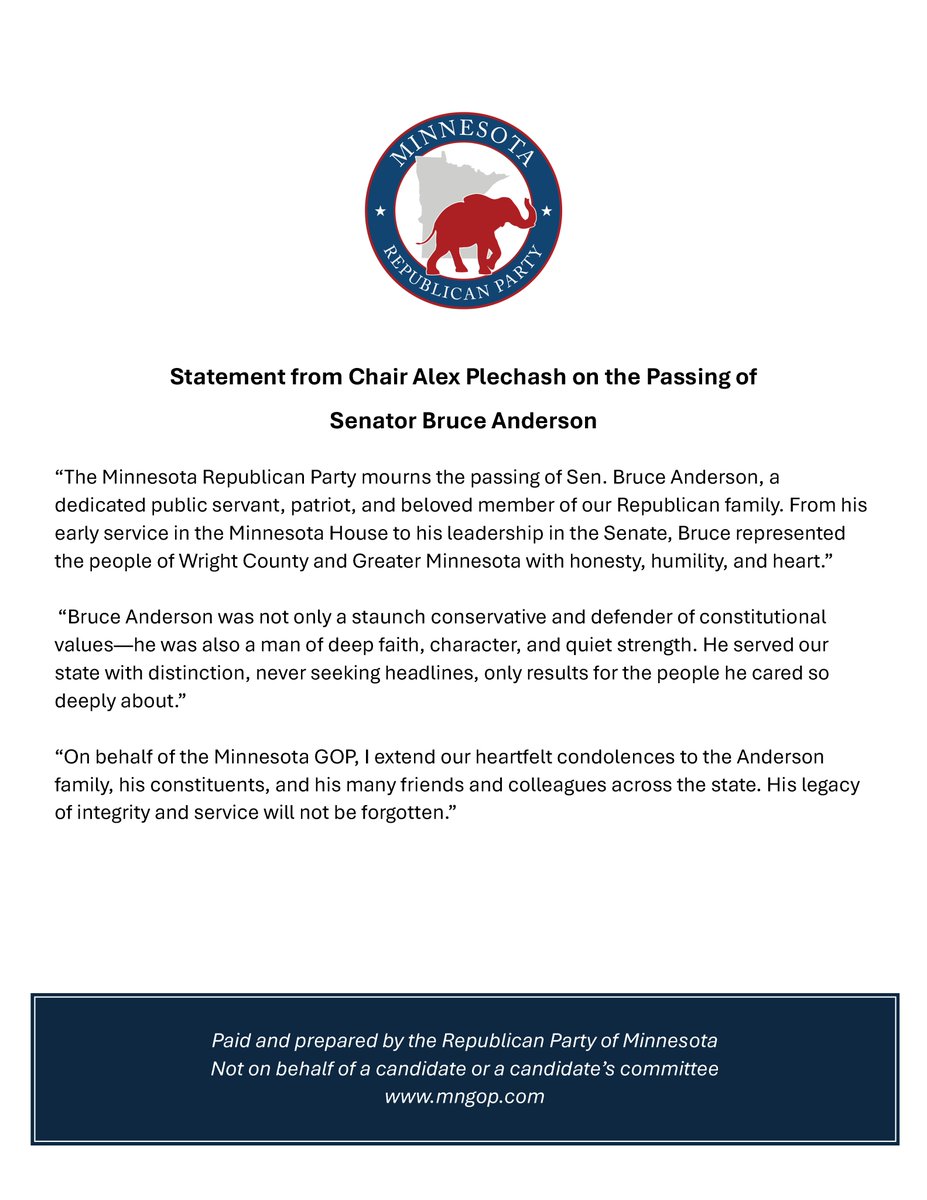 mngop's tweet image. @mngop mourns loss of Senator Bruce Anderson. Thank you for your service, Senator. May your memory be eternal.