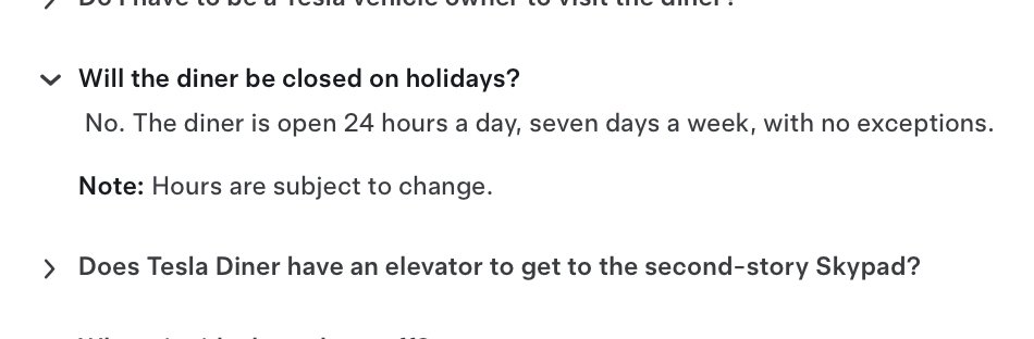 SawyerMerritt's tweet image. Tesla: "The diner is open 24 hours a day, seven days a week, with no exceptions."