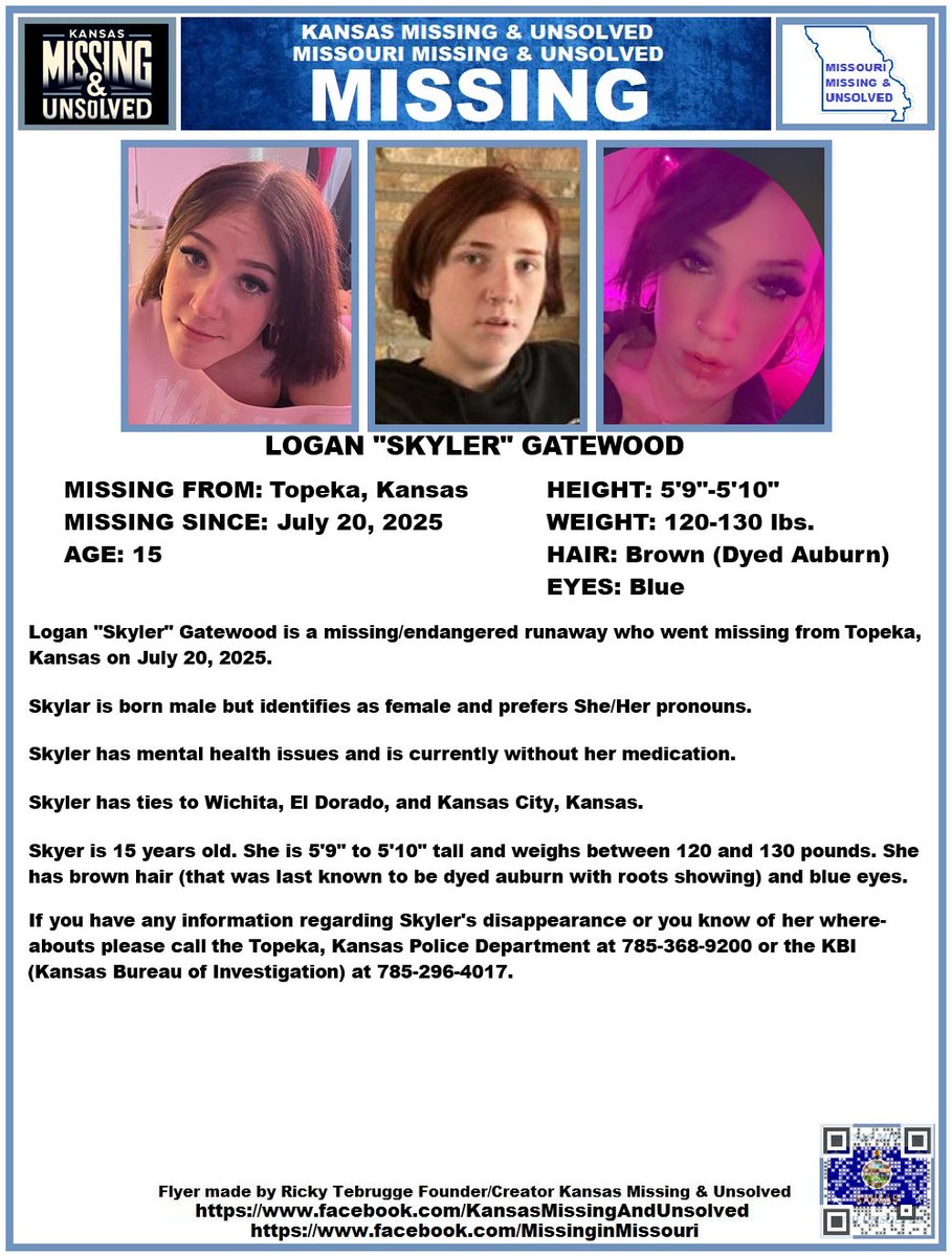 KansasMissing's tweet image. #MISSINGPERSON #MISSING PLEASE SHARE/PRINT/POST!!! LOGAN "SKYLER" GATEWOOD (TOPEKA, KANSAS)!!!
@AnnetteLawless #KansasMissing #MissingInKS #MissingInKansas #TopekaKS