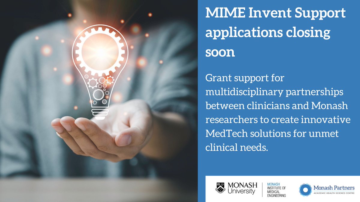 MonashMIME's tweet image. MIME Invent Support applications closing soon for multidisciplinary partnerships between clinicians and
@MonashUni researchers to create innovative MedTech solutions to unmet clinical needs. Apply: bit.ly/41lULk5. Close date Mon 4 August. #mimemedtech