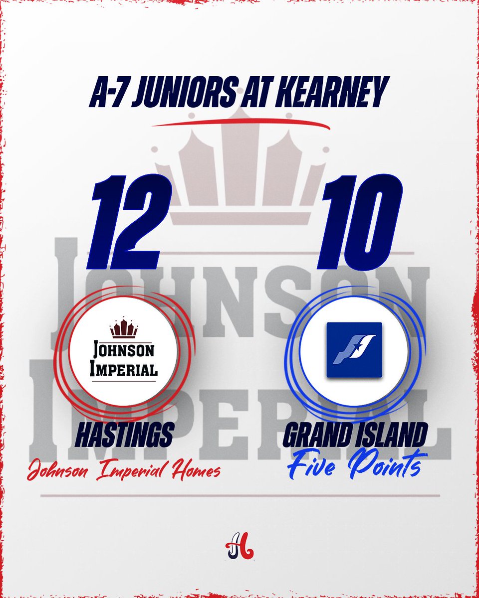 A-7 Juniors Tournament
at Kearney

Final
Hastings Johnson Imperial Homes - 12
Grand Island 5 Points Bank - 10
W: Owen Ablott
Sv: Clayten Arlt

JIH will play at 4 pm on Tuesday against the winner of GI Tom Dinsdale and Kearney.