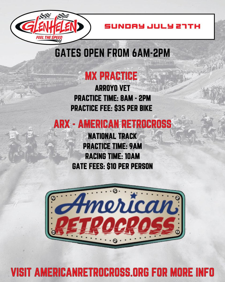 📅 WEEKLY SCHEDULE: JULY 21–27  We’ve got a packed week ahead at Glen Helen Raceway! 🏁 🏕️ Special guests Camp Rev take over early in the week 🔥 Thursday &amp; Saturday night racing with AME Minicross 🇺🇸 Sunday wraps up with American Retrocross on the National track!

(2/2)