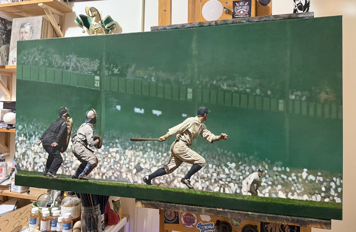 GraigKreindler's tweet image. #OTD in 1976, Earle Combs passed away at the age of 77. A quiet and reserved man in the outfield, he was also considered one of the best lead-off men in the American League. Here’s an in-progress painting of him lacing a hit against the Athletics in September of 1928.