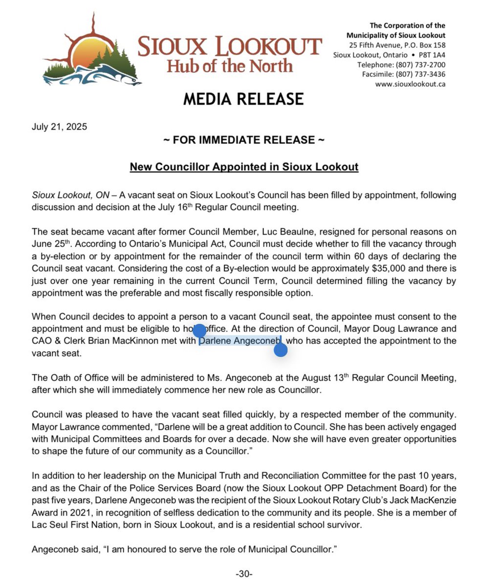 JonSThompson's tweet image. Sioux Lookout has recruited Lac Seul First Nation member Darlene Angeconeb to fill the vacant council seat.
This bio of hers is lifted from Nishnawbe Aski Nation’s Nikanigawbowin Council.
Sioux Lookout will swear her in on Aug. 13.