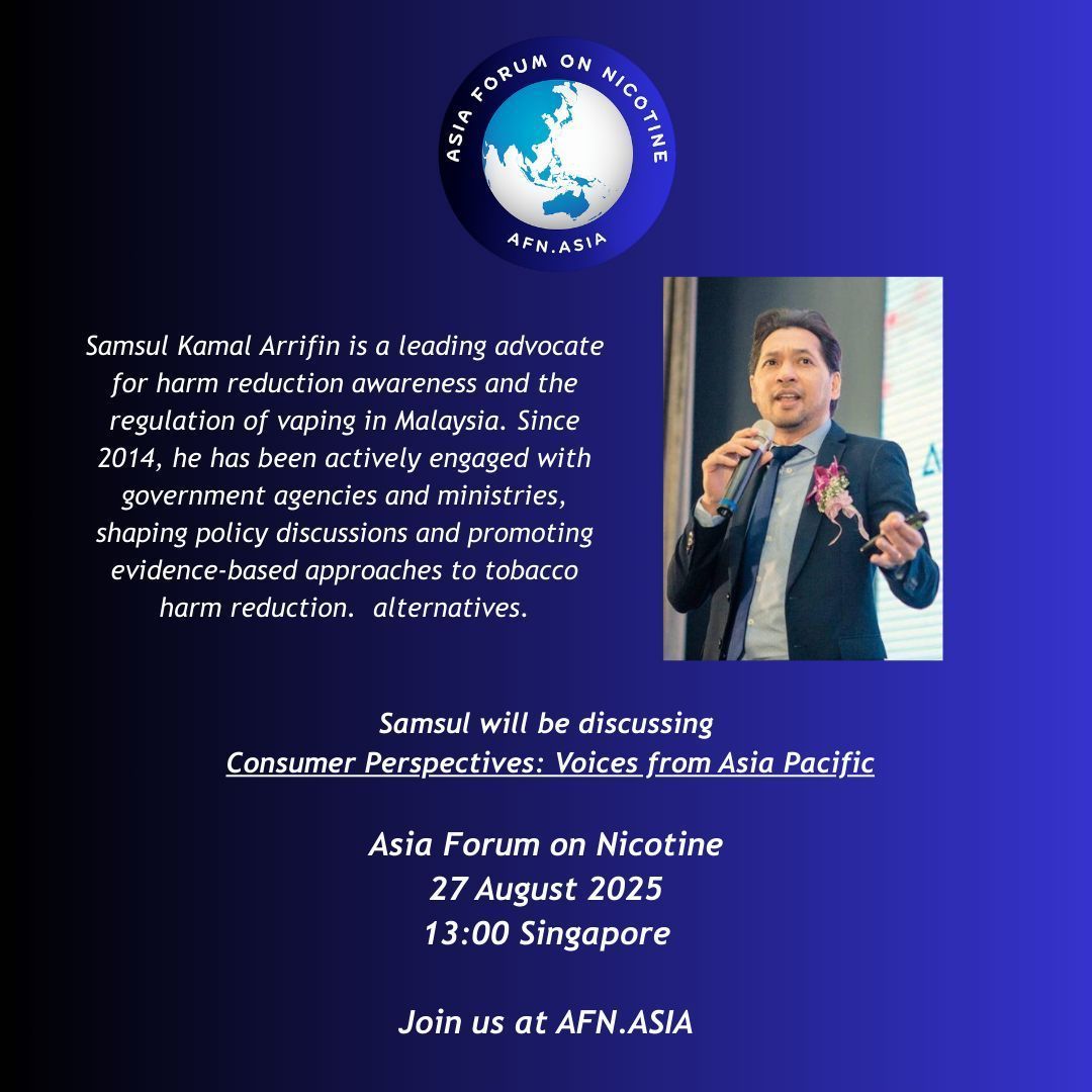 caphraorg's tweet image. 👥 Samsul Kamal Arrifin - MOVE Malaysia shares how vaping helped him quit smoking — and the role he plays in advancing consumer rights, regulatory frameworks and public education on safer nicotine alternatives.  Don’t miss his story at #AFN25  #AsiaPacific #THR #AFN25 Details at…