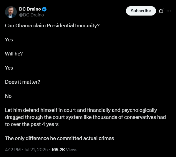 PokerPolitics's tweet image. How could Obama be 'dragged through the courts'? SCOTUS has declared Presidents have immunity for official acts. Beyond the fact that he's committed no crimes he's also immune so he's double untouchable.