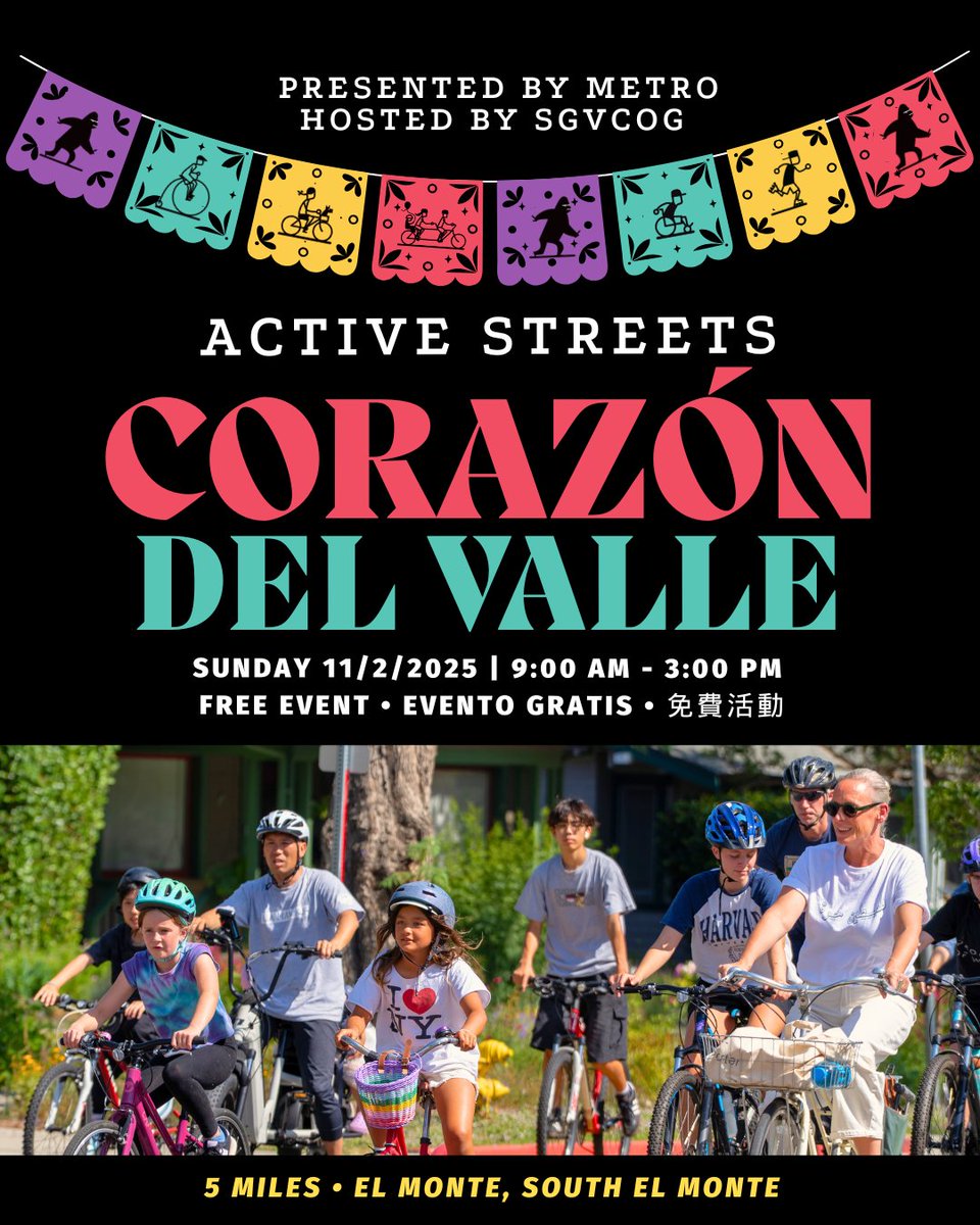 ActiveSGV's tweet image. Mark your calendar for Active Streets: Corazón del Valle, presented by Metro and hosted by the SGVCOG. On Sunday, Nov 2nd from 9 AM-3 PM, we’re opening up 5 miles of streets connecting El Monte and South El Monte for a day of walking, biking, skating, and rolling.🚶♀️🚲 🛼 🛹 🏃♀️